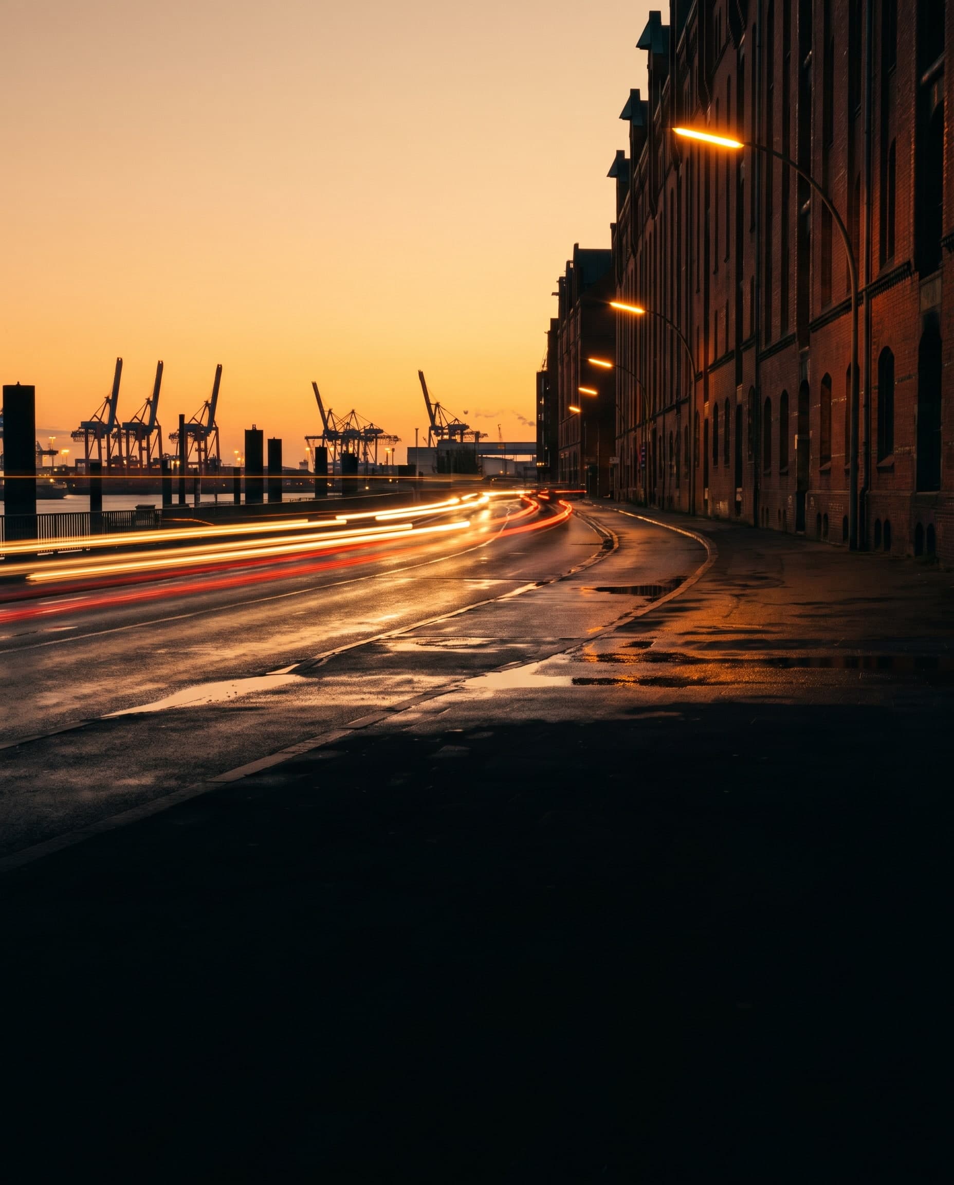 Hafenkante in der Dämmerung mit Containerkränen, Backsteinspeichern und Lichtspuren auf der nassen Uferstraße
